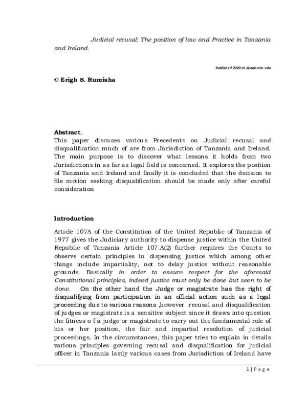 (DOC) Judicial recusal The position of law and Practice in Tanzania and