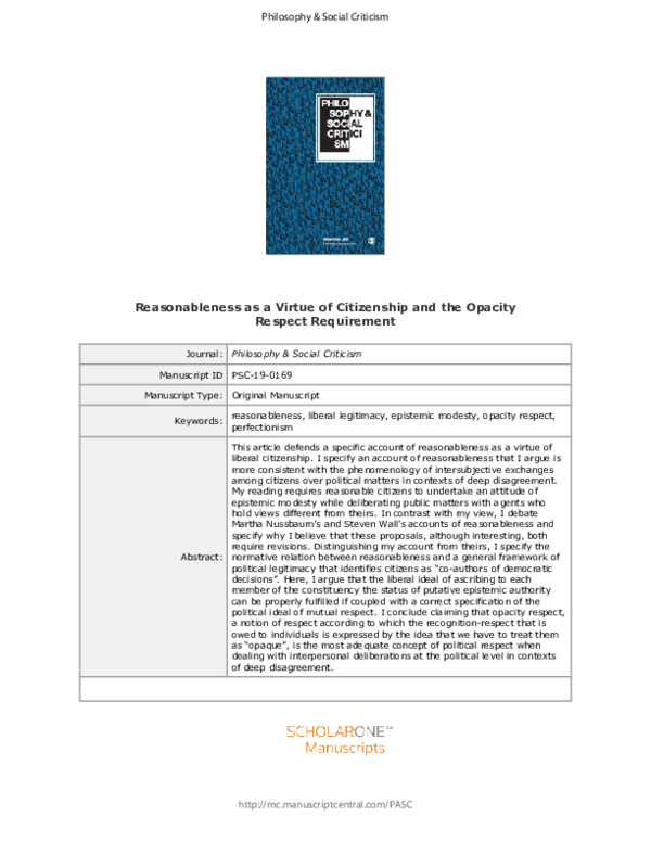 (PDF) Reasonableness as a Virtue of Citizenship and the Opacity Respect ...