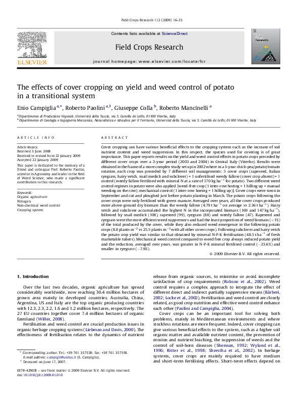 (PDF) The effects of cover cropping on yield and weed control of potato ...