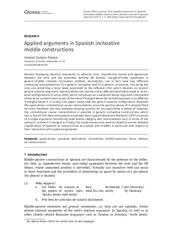 (PDF) Applied arguments in Spanish inchoative middle constructions