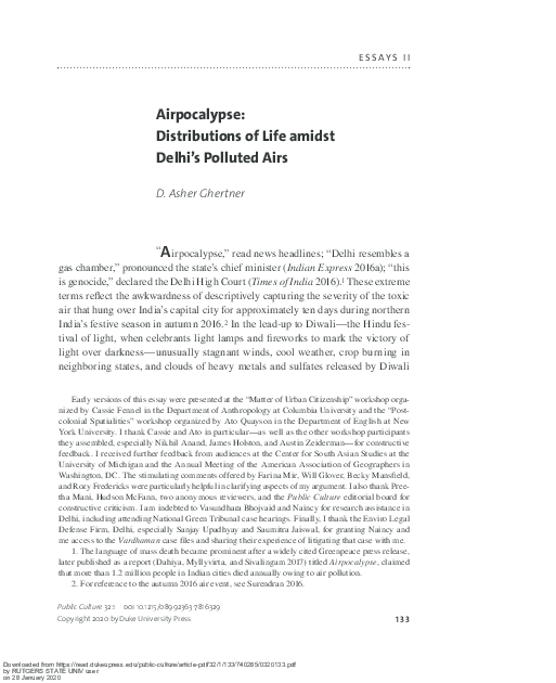 (PDF) Airpocalypse Distributions of Life amidst Delhi's Polluted Airs Asher Ghertner