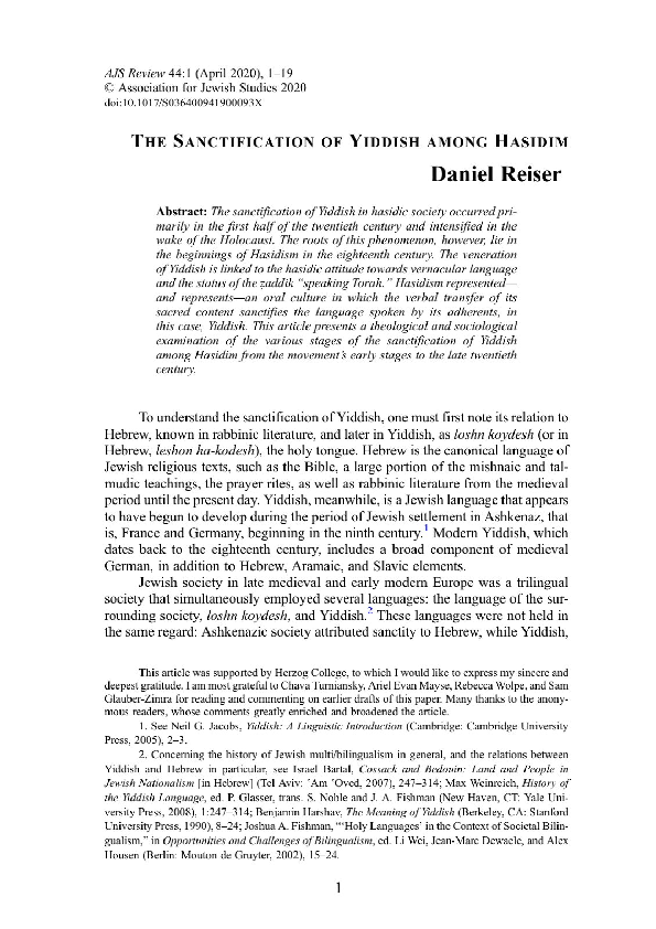 (PDF) Daniel Reiser, “The Sanctification of Yiddish Among Hasidim”, AJS ...
