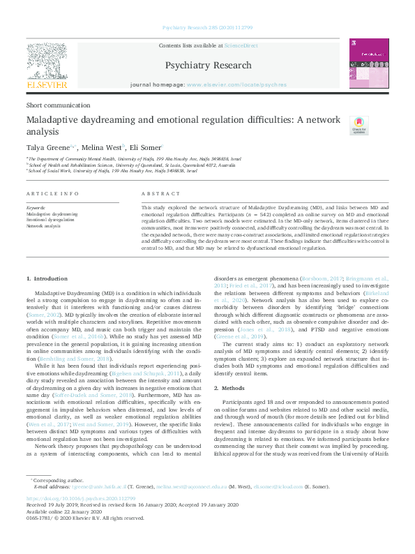 (PDF) Maladaptive daydreaming and emotional regulation difficulties: A ...