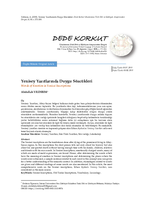 Words of Emotion in Yenisei Inscriptions