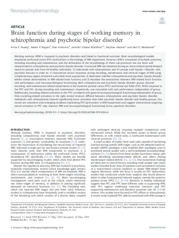 (PDF) Brain function during stages of working memory in schizophrenia ...