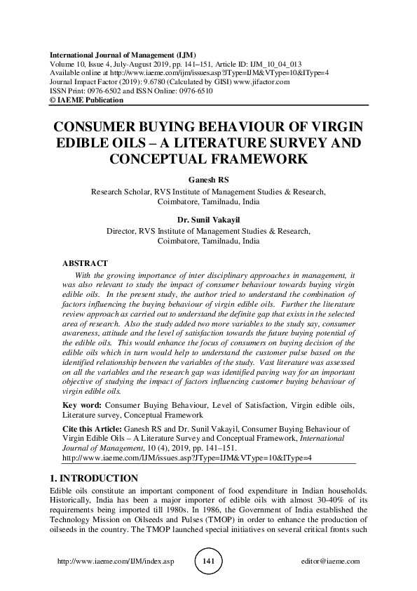 (PDF) CONSUMER BUYING BEHAVIOUR OF VIRGIN EDIBLE OILS A LITERATURE