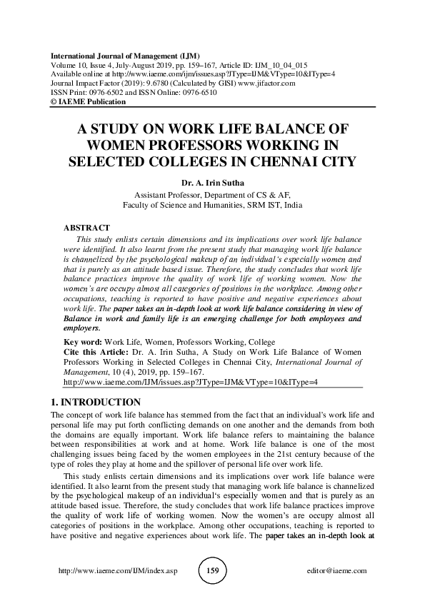 (PDF) A STUDY ON WORK LIFE BALANCE OF WOMEN PROFESSORS WORKING IN ...