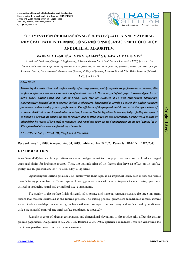 (PDF) OPTIMIZATION OF DIMENSIONAL, SURFACE QUALITY AND MATERIAL REMOVAL ...