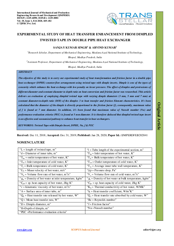 (PDF) EXPERIMENTAL STUDY OF HEAT TRANSFER ENHANCEMENT FROM DIMPLED ...