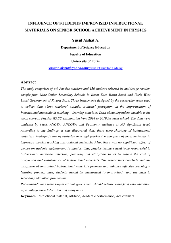(DOC) INFLUENCE OF STUDENTS IMPROVISED INSTRUCTIONAL MATERIALS ON