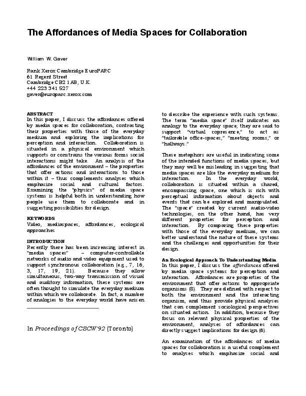 (PDF) The Affordances of Media Spaces for Collaboration William Gaver