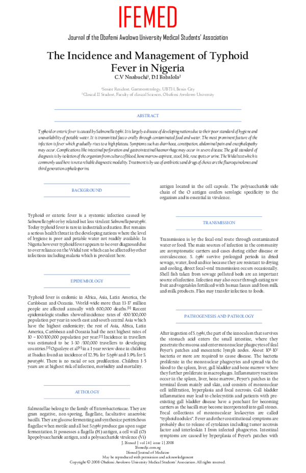 (PDF) The Incidence and Management of Typhoid Fever in Nigeria