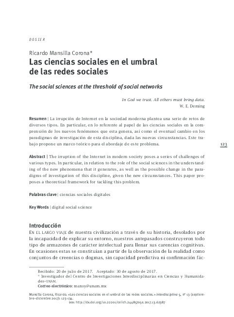 (PDF) Las ciencias sociales en el umbral de las redes sociales