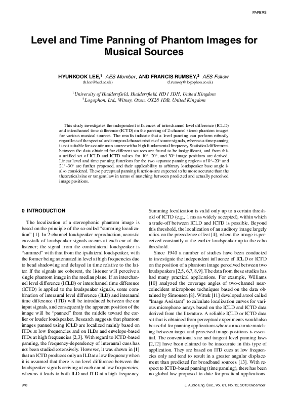(PDF) Level and Time Panning of Phantom Images for Musical Sources