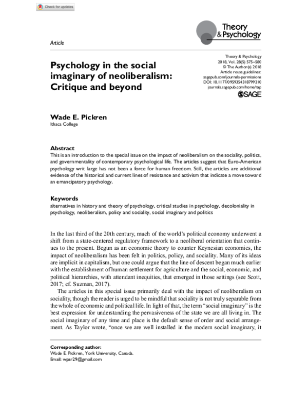 (PDF) Psychology in the social imaginary of neoliberalism: Critique and ...