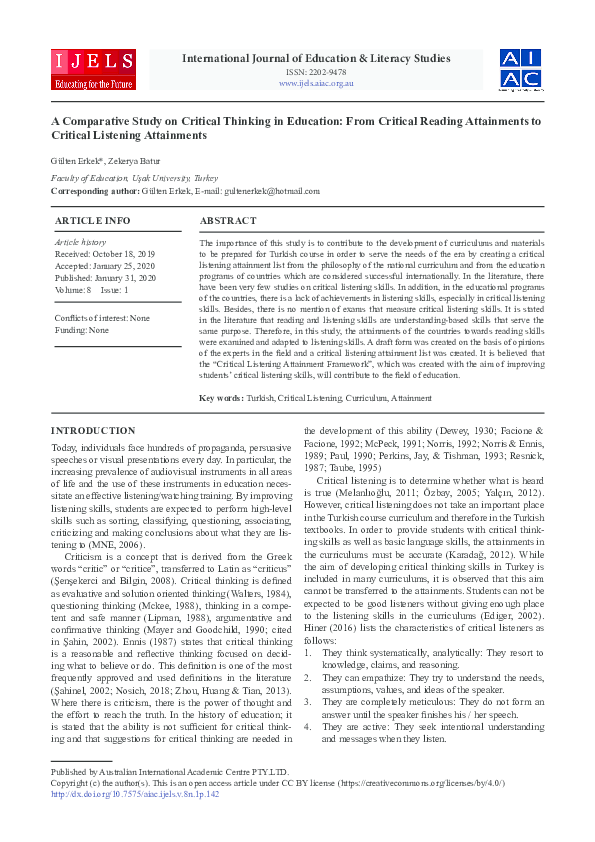 (PDF) A Comparative Study on Critical Thinking in Education: From ...