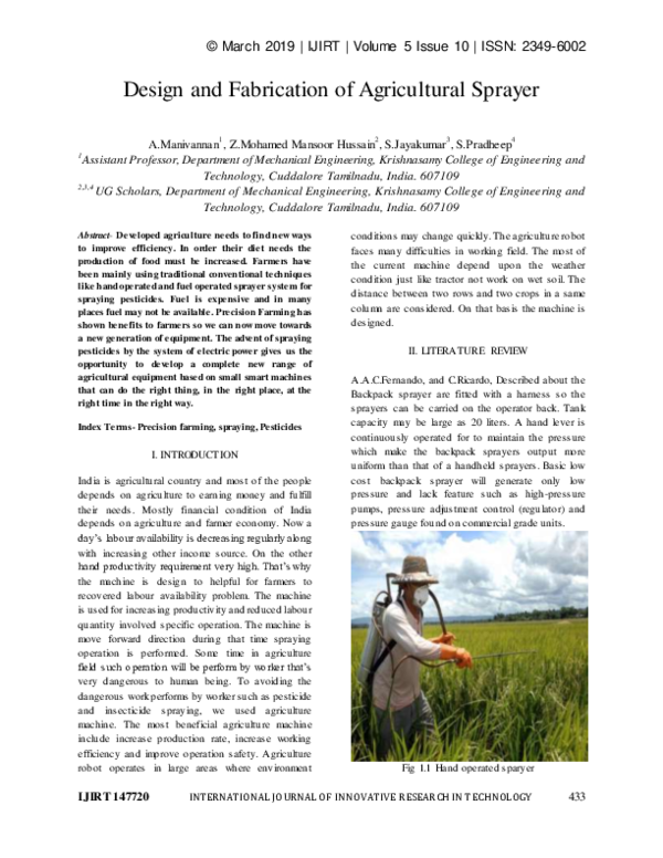 (PDF) Design and Fabrication of Agricultural Sprayer IJIRT Journal
