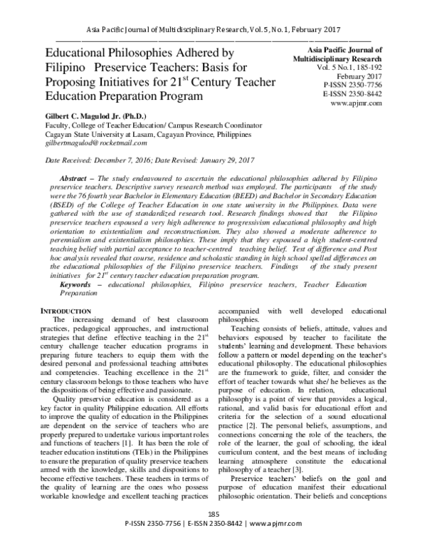 (PDF) Educational Philosophies Adhered by Filipino Preservice Teachers