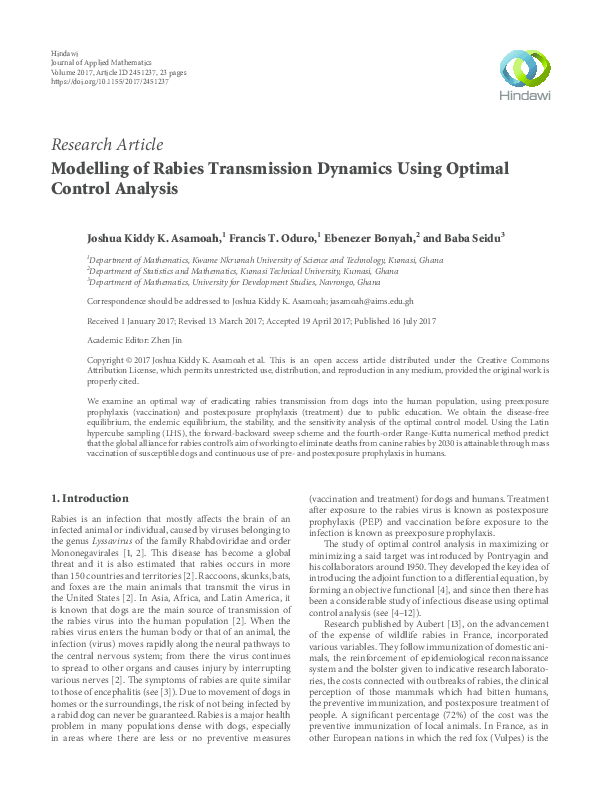 (PDF) Modelling of Rabies Transmission Dynamics Using Optimal Control ...