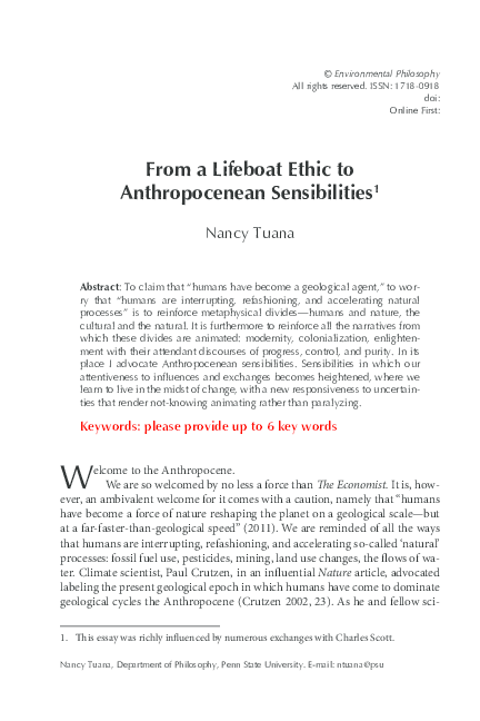 PDF From A Lifeboat Ethic To Anthropocenean Sensibilities Nancy Tuana Academia edu