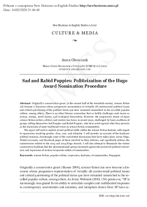 (PDF) Sad and Rabid Puppies: Politicization of the Hugo Award ...