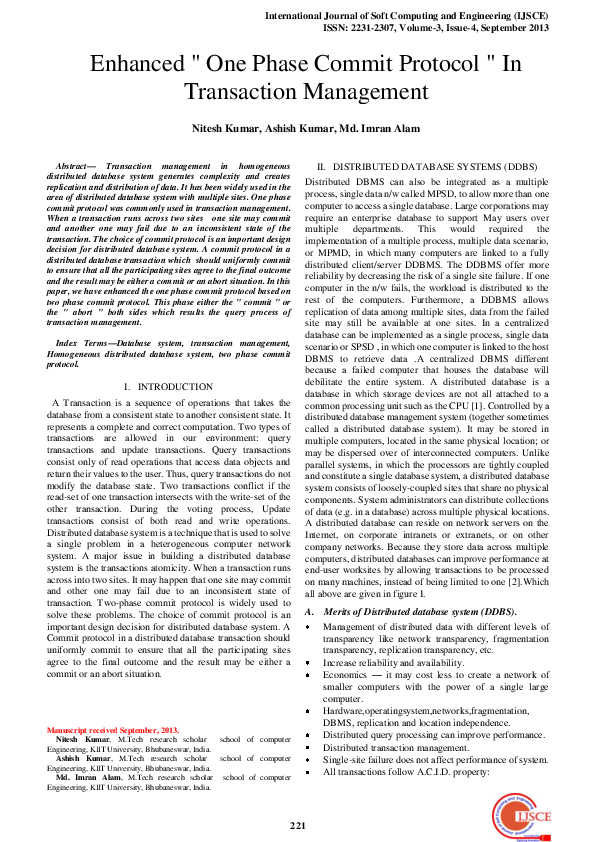 (PDF) Enhanced " One Phase Commit Protocol " In Transaction Management