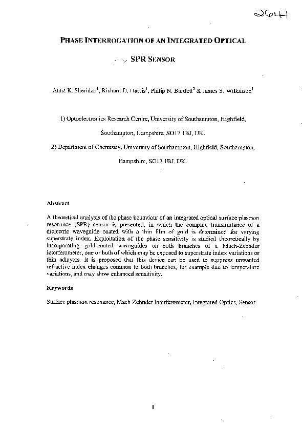 (PDF) Phase interrogation of an integrated optical SPR sensor