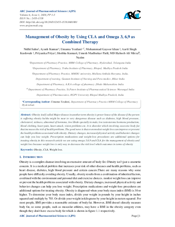 PDF) Management of Obesity by Using CLA and Omega 3, 6,9 as Combined  Therapy | Umesh Patil and AYUSH KUMAR - Academia.edu