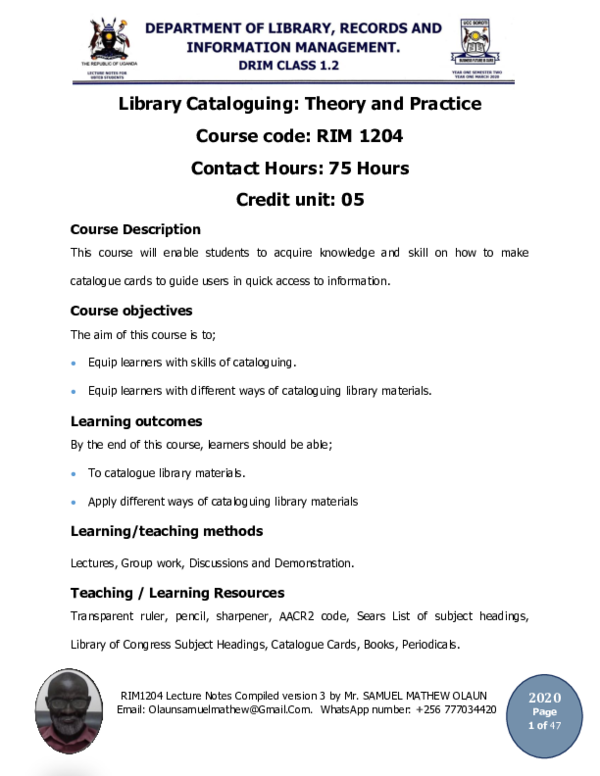 (DOC) RIM 1204 Library Cataloguing Theory and Practice Olaun