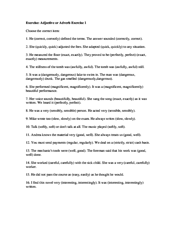 (PDF) Exercise Adjective or Adverb Exercise 1 Choose the correct item