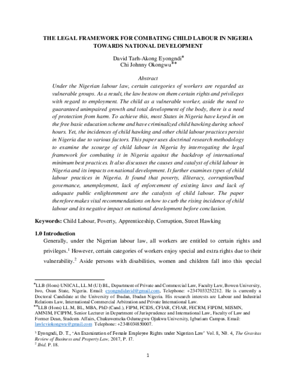 (PDF) THE LEGAL FRAMEWORK FOR COMBATING CHILD LABOUR IN NIGERIA TOWARDS ...