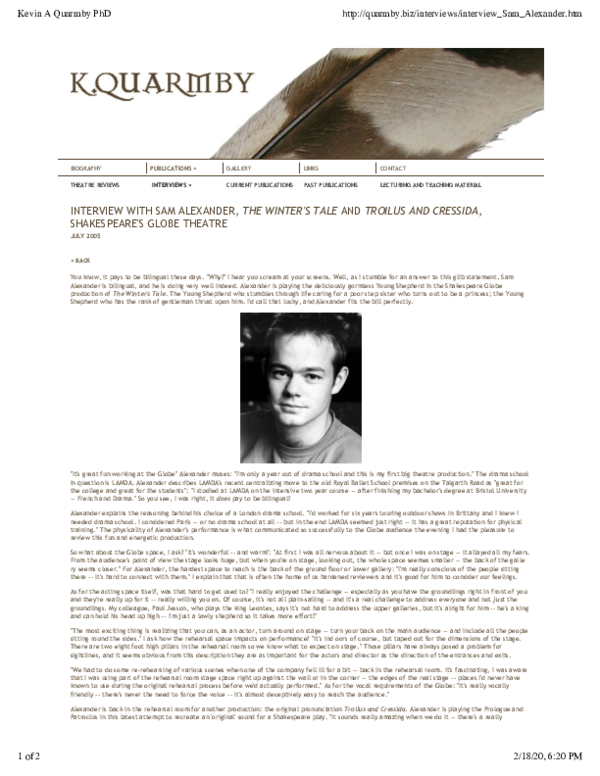 (PDF) Interview with Sam Alexander, actor in The Winter's Tale and ...