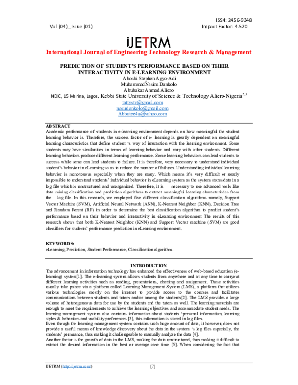 (PDF) PREDICTION OF STUDENT'S PERFORMANCE BASED ON THEIR INTERACTIVITY ...