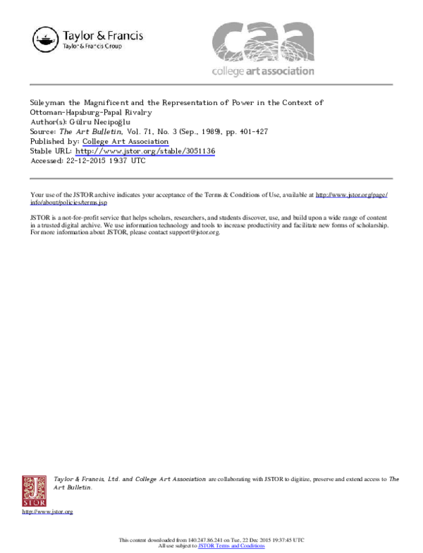 Süleyman the Magnificent and the Representation of Power in the Context of Ottoman-Hapsburg-Papal Rivalry