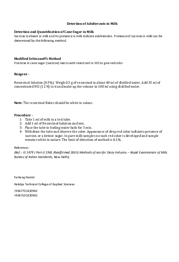 (DOC) Detection of Adulterants in Milk Detection and Quantification of