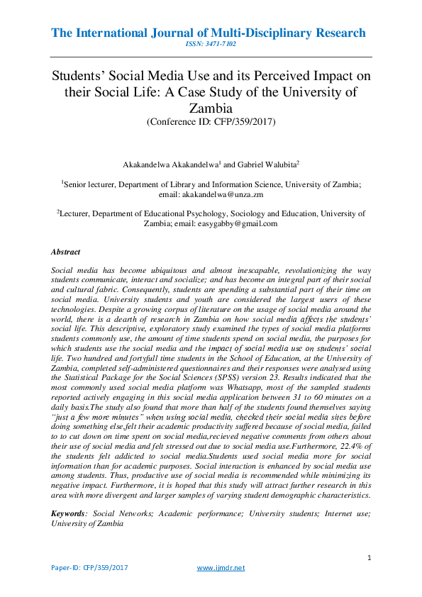 (PDF) Students' Social Media Use and Its perceived impact on their