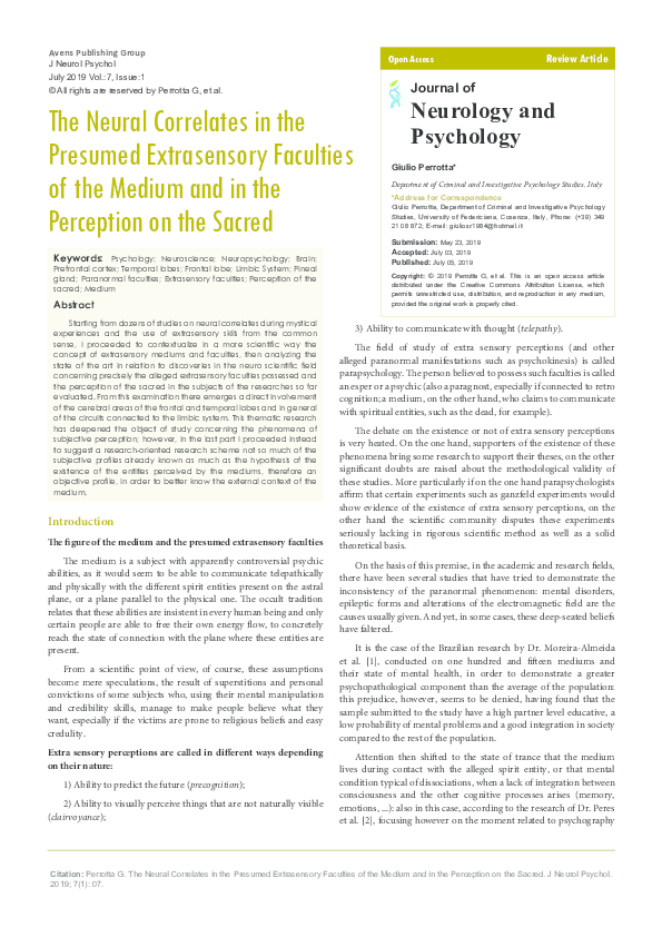 (PDF) The neural correlates in the presumed extrasensory faculties of ...
