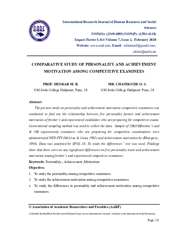 (PDF) COMPARATIVE STUDY OF PERSONALITY AND ACHIEVEMENT MOTIVATION AMONG ...