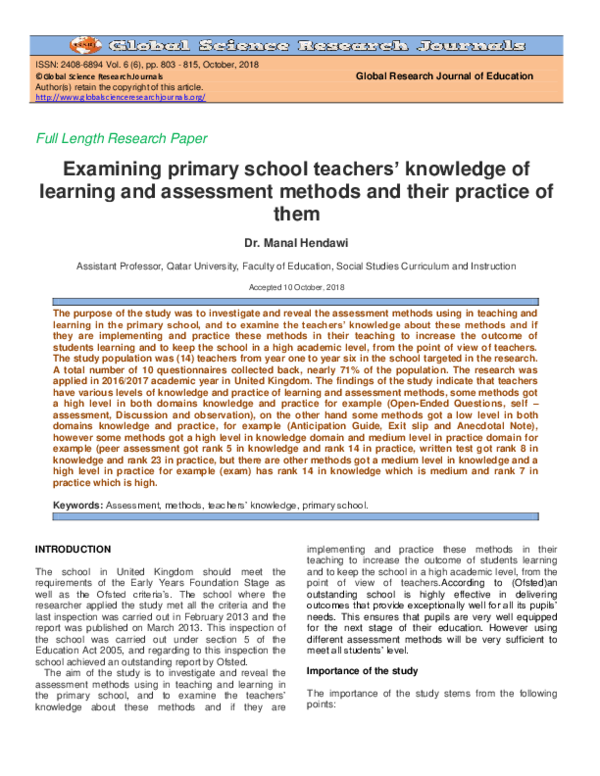 (PDF) Examining primary school teachers' knowledge of learning and ...
