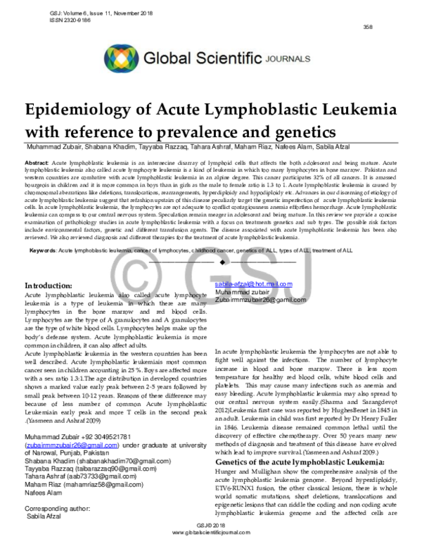 (PDF) Epidemiology of Acute Lymphoblastic Leukemia with reference to ...
