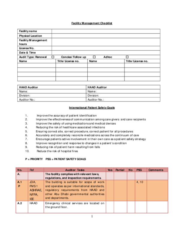 (PDF) Facility Management Checklist Facility name Physical Location ...