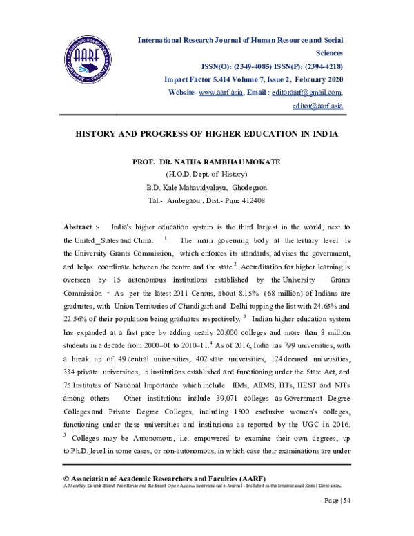 (PDF) HISTORY AND PROGRESS OF HIGHER EDUCATION IN INDIA