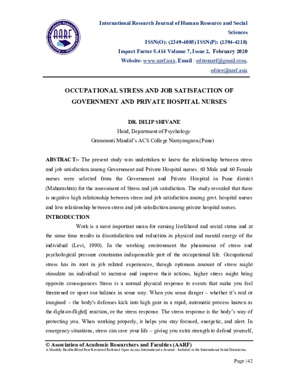 (PDF) OCCUPATIONAL STRESS AND JOB SATISFACTION OF GOVERNMENT AND ...