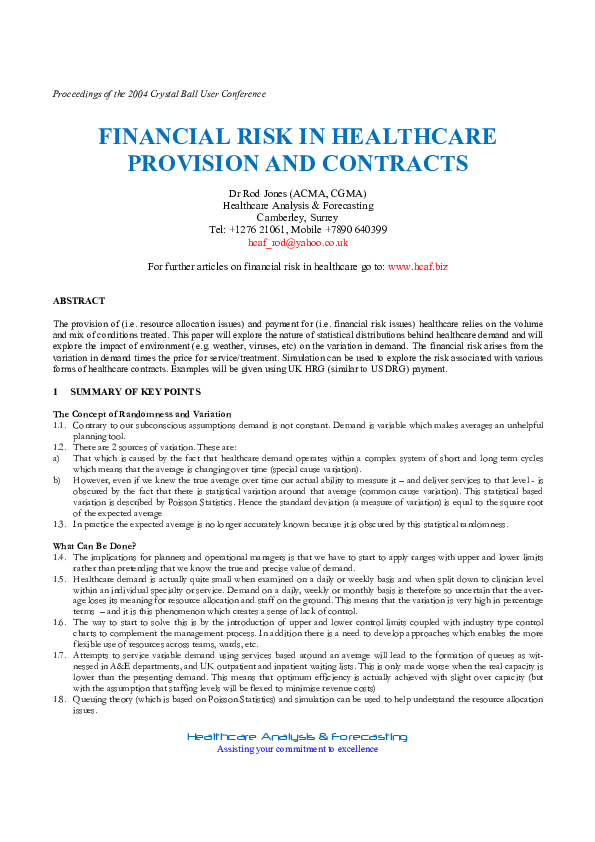 (PDF) Financial risk in healthcare provision and contracts