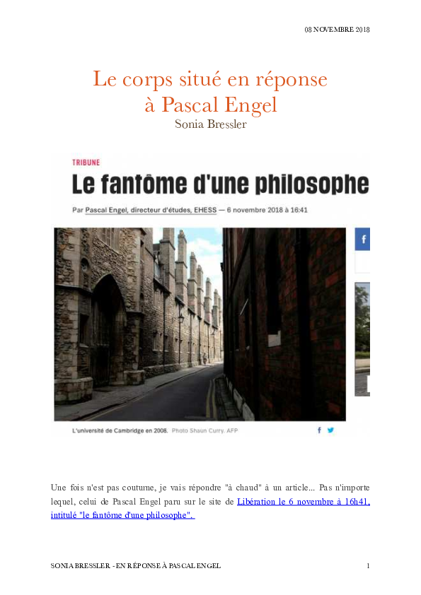 (PDF) Le corps situé en réponse à Pascal Engel