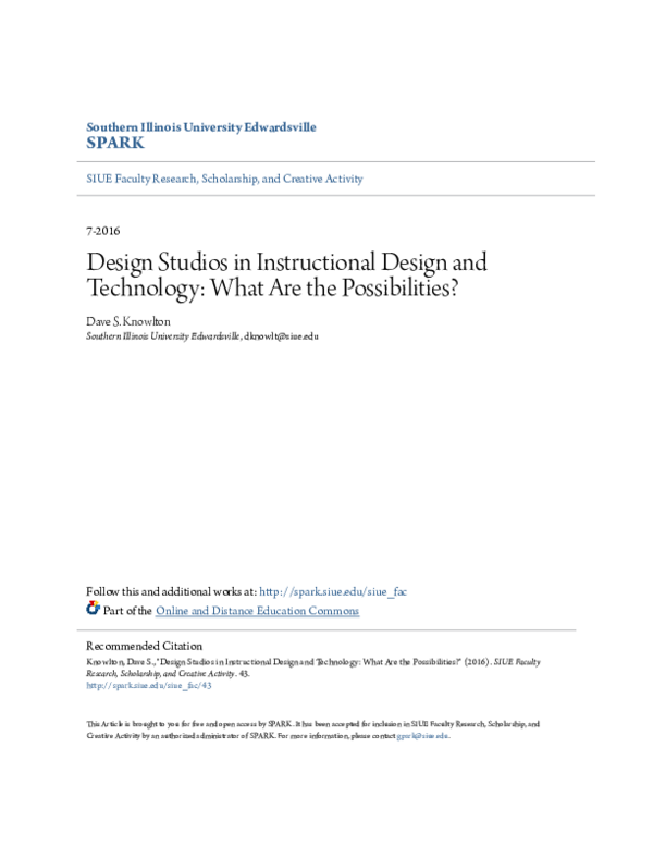 (PDF) Design Studios in Instructional Design and Technology: What Are ...