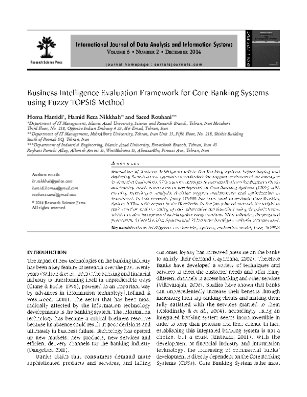 (PDF) Business Intelligence Evaluation Framework for Core Banking Systems