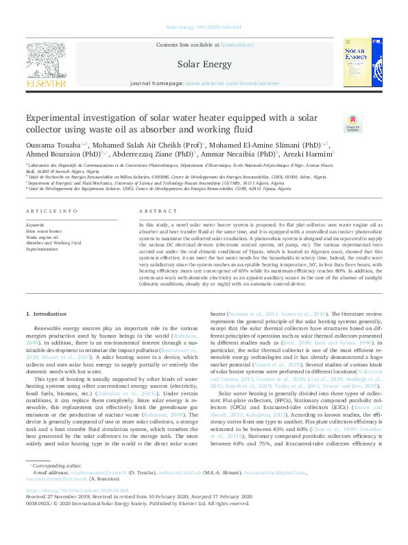 (PDF) Experimental investigation of solar water heater equipped with a ...