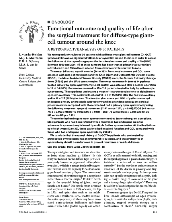 (PDF) Functional outcome and quality of life after the surgical ...
