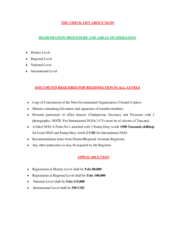 (DOC) NGOS REGISTRATION IN TANZANIA PROCEDURES, THE LAWS APPLICABLE AND